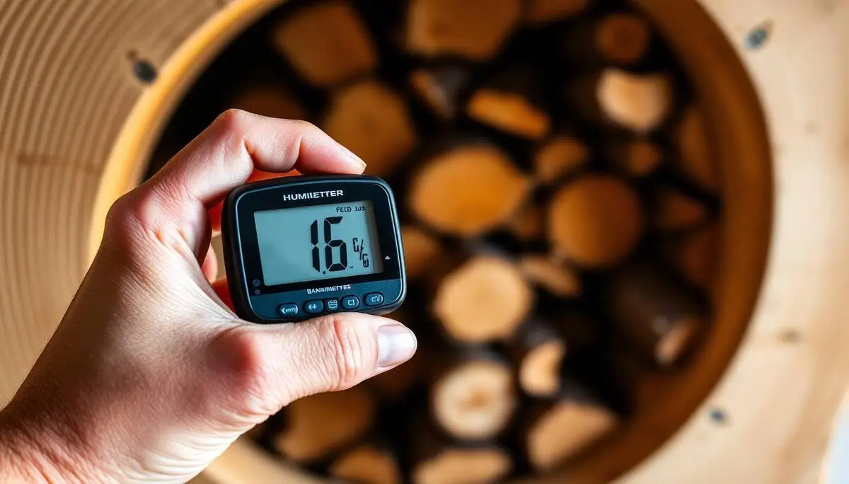 Mesure du taux d’humidité d’une bûche de bois de chauffage sec avec un humidimètre