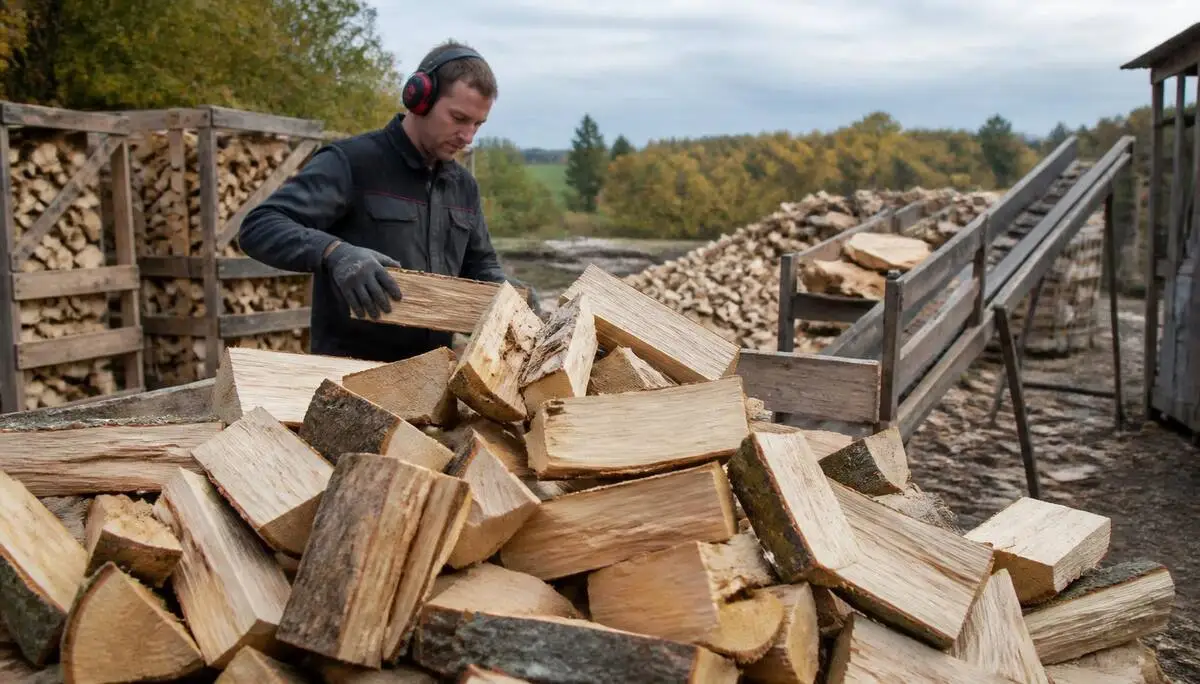 Fournisseur local préparant des bûches de bois de chauffage