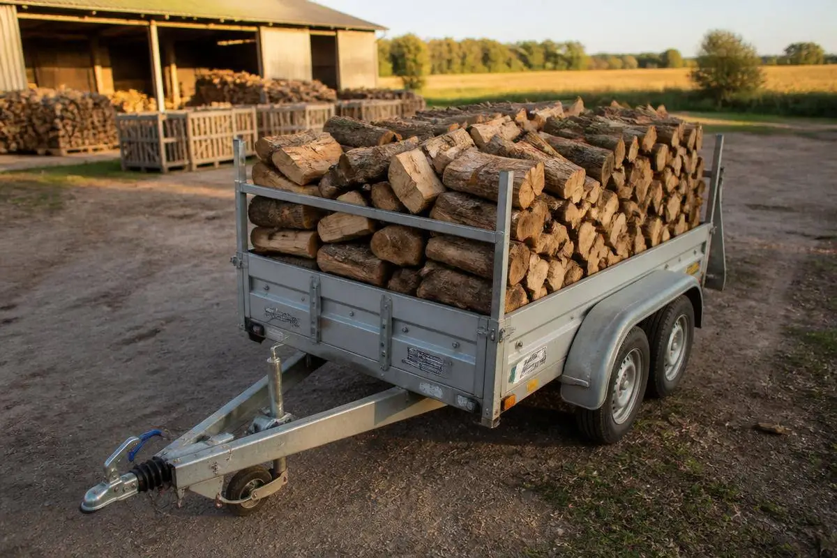 Remorque chargée de bûches de bois de chauffage pour un retrait chez un vendeur local