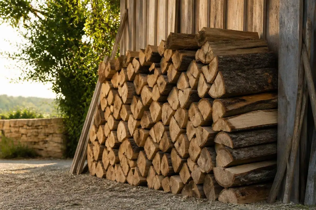 Stère de bois de chauffage empilé contre un abri en bois